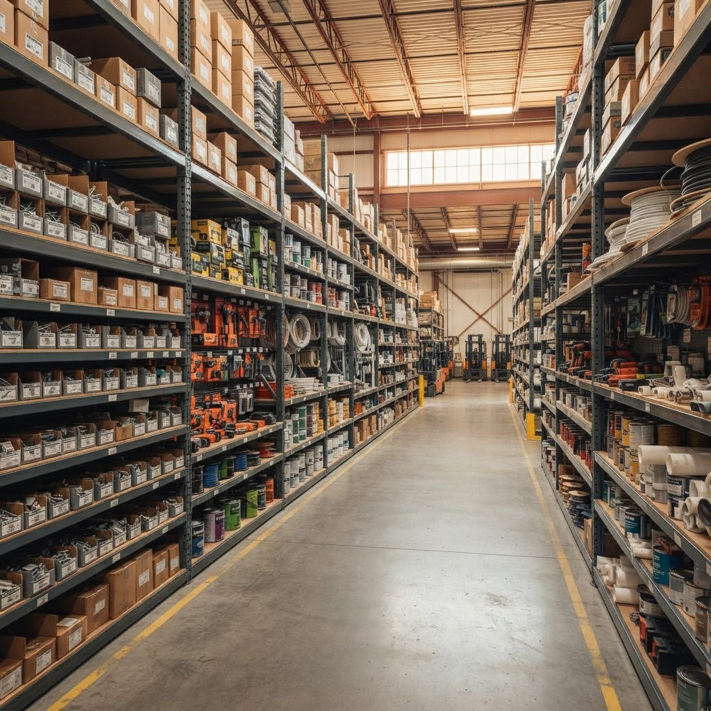 Organized hardware supply warehouse stocked with tools and materials